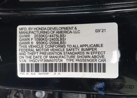 2020 Honda Accord Sport z USA, uszkodzony, nr VIN 1HGCV1F31LA155680